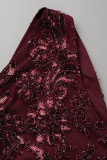Burgundy Sexy Solid Tassel Embroidered Patchwork Backless Oblique Collar One Shoulder Dress Dresses