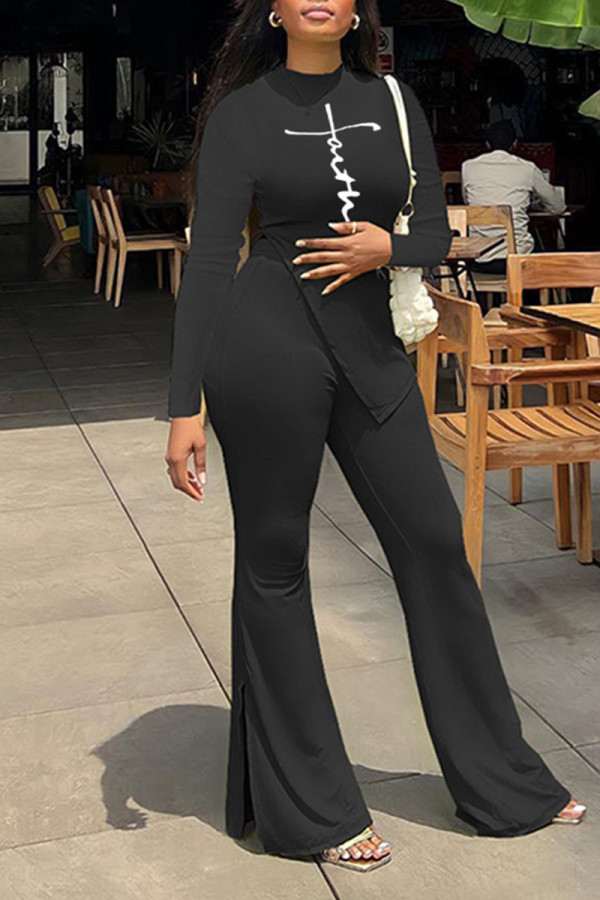 Black Casual Print Patchwork Slit O Neck Long Sleeve Two Pieces