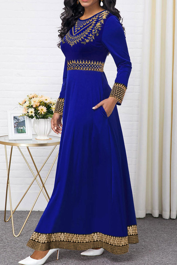 Blue Casual College Print Patchwork O Neck A Line Dresses