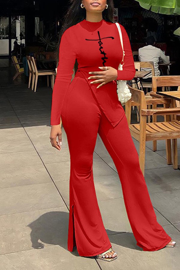 Red Casual Print Patchwork Slit O Neck Long Sleeve Two Pieces