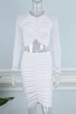 White Sexy Solid Mesh O Neck Long Sleeve Two Pieces
