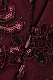 Burgundy Sexy Solid Tassel Embroidered Patchwork Backless Oblique Collar One Shoulder Dress Dresses
