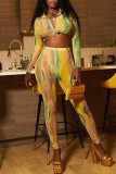 Yellow Casual Print Patchwork Turndown Collar Long Sleeve Two Pieces