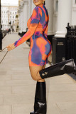 Orange Sexy Print Patchwork See-through Half A Turtleneck Pencil Skirt Dresses