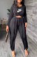 Black Casual Print Tassel Letter O Neck Long Sleeve Two Pieces