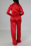 Red Casual Solid Patchwork Turndown Collar Long Sleeve Two Pieces