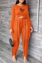 Orange Casual Print Tassel Letter O Neck Long Sleeve Two Pieces