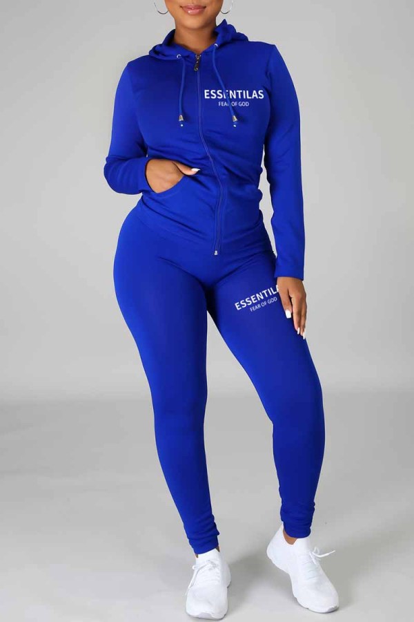 Blue Casual Print Letter Hooded Collar Long Sleeve Two Pieces