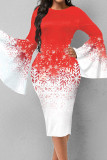 Red White Casual Print Patchwork O Neck One Step Skirt Dresses