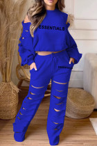 Royal Blue Casual Letter Print Hollowed Out O Neck Long Sleeve Two Pieces