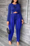 Royal Blue Casual Print Tassel Letter O Neck Long Sleeve Two Pieces