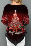 Red Casual Print Patchwork O Neck Tops