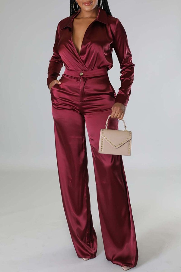Burgundy Casual Solid Patchwork Turndown Collar Long Sleeve Two Pieces