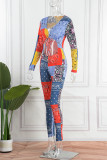 Orange Sexy Casual Print Hollowed Out V Neck Skinny Jumpsuits