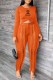 Orange Casual Print Tassel Letter O Neck Long Sleeve Two Pieces
