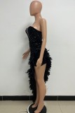 Black Sexy Formal Patchwork Sequins Feathers Backless Strapless Evening Dress Dresses