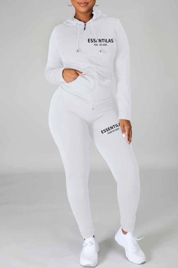 White Casual Print Letter Hooded Collar Long Sleeve Two Pieces