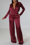 Red Casual Solid Patchwork Turndown Collar Long Sleeve Two Pieces