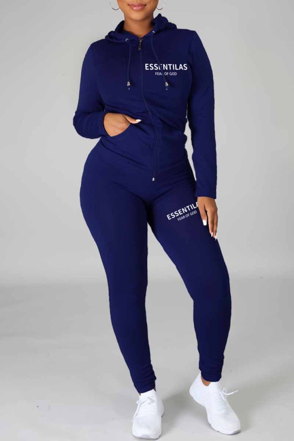 Deep Blue Casual Print Letter Hooded Collar Long Sleeve Two Pieces
