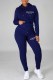 Deep Blue Casual Print Letter Hooded Collar Long Sleeve Two Pieces