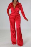 Red Casual Solid Patchwork Turndown Collar Long Sleeve Two Pieces