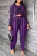 Purple Casual Print Tassel Letter O Neck Long Sleeve Two Pieces