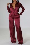 Red Casual Solid Patchwork Turndown Collar Long Sleeve Two Pieces