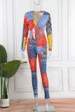 Orange Sexy Casual Print Hollowed Out V Neck Skinny Jumpsuits