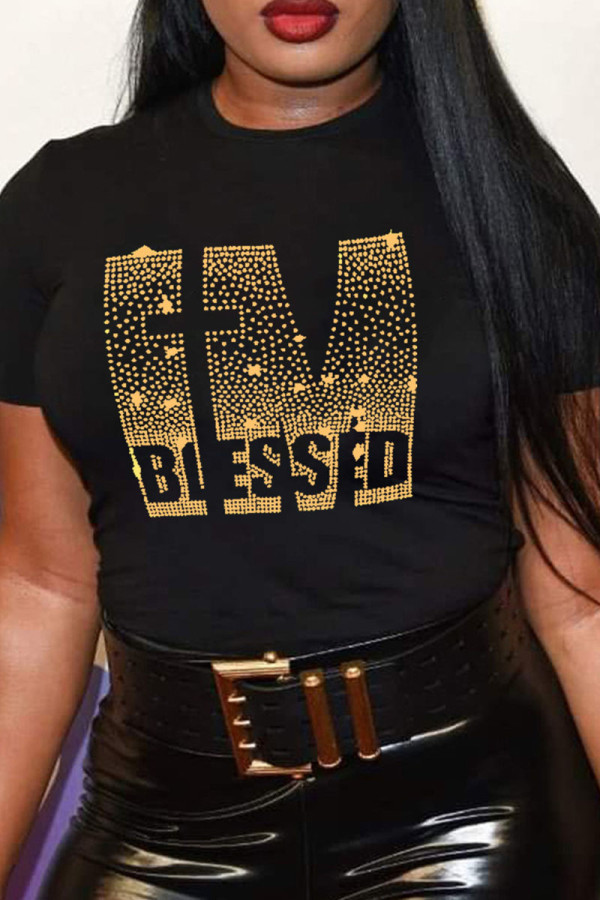 Gold Casual Solid Patchwork Hot Drill O Neck T-Shirts