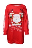 Red Casual Print Santa Claus Patchwork Basic O Neck Long Sleeve Dresses
