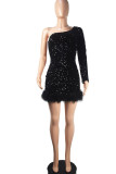 Black Sexy Solid Sequins Patchwork Feathers Oblique Collar Pencil Skirt Dresses