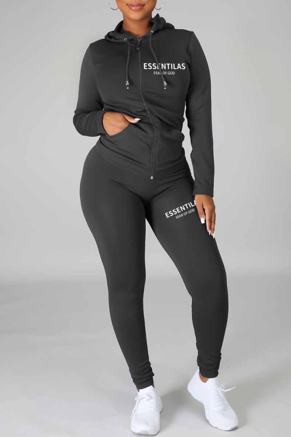 Black Casual Print Letter Hooded Collar Long Sleeve Two Pieces