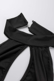 Black Sexy Solid Patchwork Backless Halter Long Dress Dresses