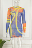 Yellow Blue Sexy Print Patchwork See-through O Neck Pencil Skirt Dresses