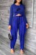 Royal Blue Casual Print Tassel Letter O Neck Long Sleeve Two Pieces