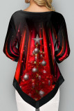 Red Casual Print Patchwork O Neck Tops