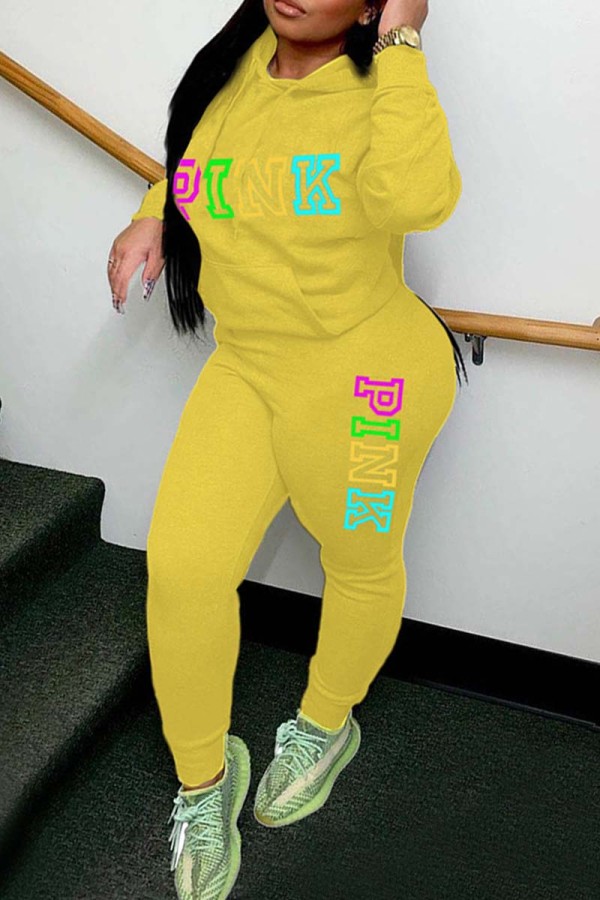 Yellow Casual Letter Print Basic Hooded Collar Long Sleeve Two Pieces