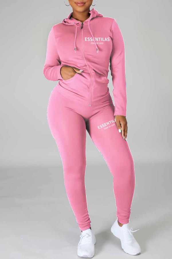 Pink Casual Print Letter Hooded Collar Long Sleeve Two Pieces