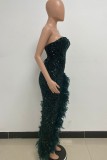 Grey Sexy Formal Patchwork Sequins Feathers Backless Strapless Evening Dress Dresses