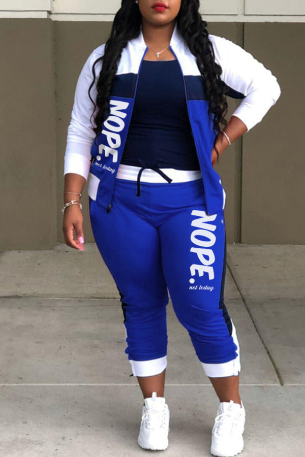 Blue Casual Print Patchwork Cardigan Collar Long Sleeve Two Pieces