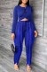 Royal Blue Casual Print Tassel Letter O Neck Long Sleeve Two Pieces
