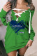 Green Casual Print Frenulum Off the Shoulder Long Sleeve Dresses