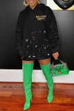 Black Street Print Letter Hooded Collar Tops