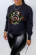 Black Street Vintage Print Patchwork Letter O Neck Tops