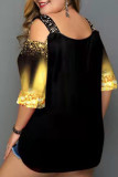 Gold Casual Print Patchwork O Neck Plus Size Tops