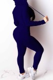 Deep Blue Casual Print Letter Hooded Collar Long Sleeve Two Pieces