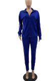 Deep Blue Casual Solid Patchwork Zipper Plus Size Two Pieces