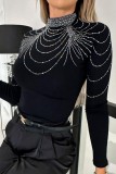Black Casual Solid Patchwork Hot Drill Turtleneck Tops