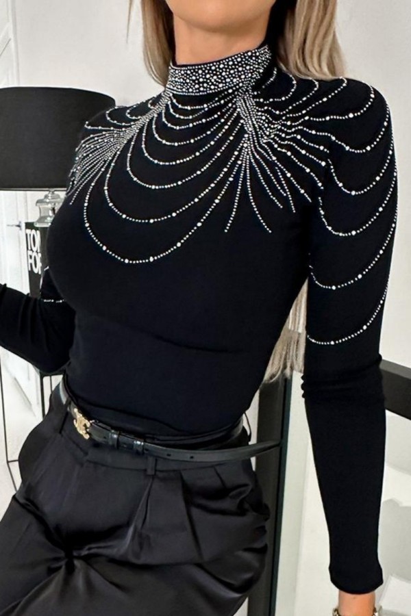 Black Casual Solid Patchwork Hot Drill Turtleneck Tops