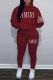 Burgundy Casual Print Letter Hooded Collar Long Sleeve Two Pieces